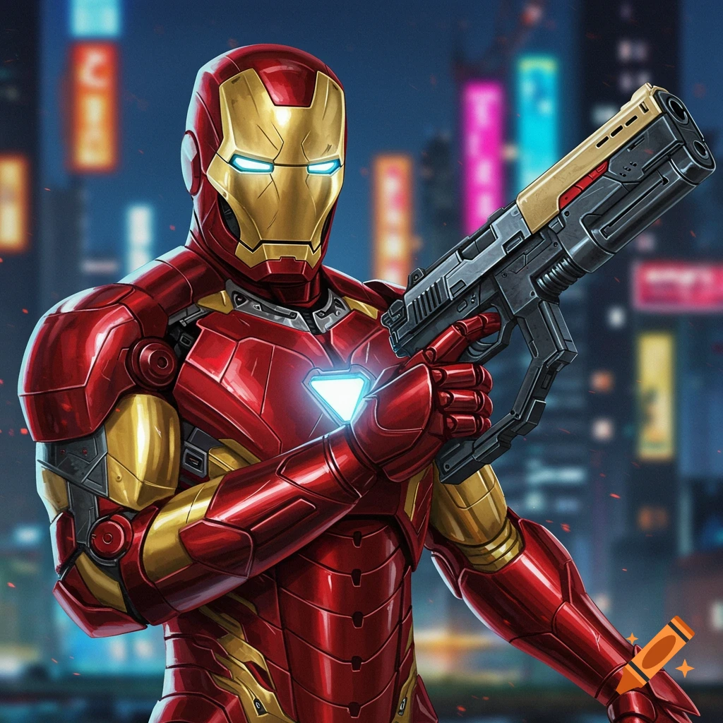 Iron Man holding a sci-fi gun in a city