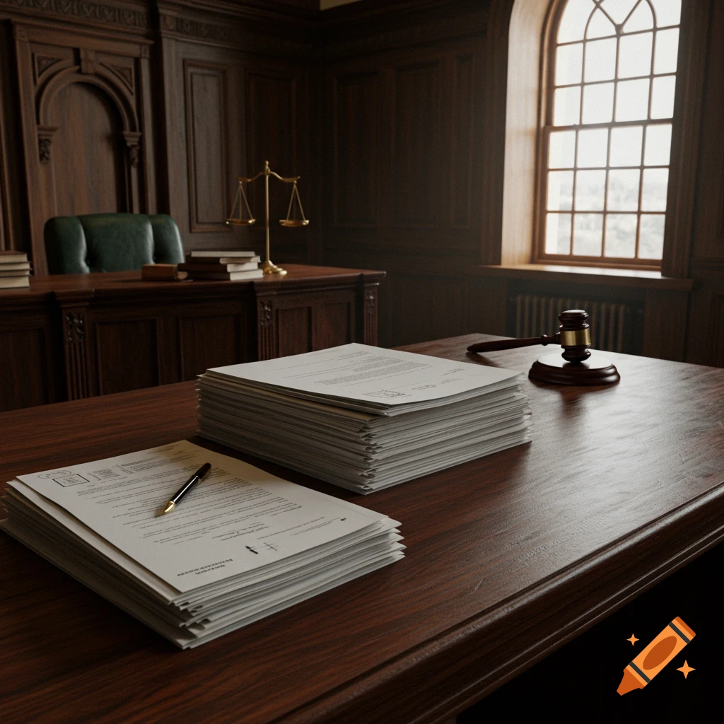 Legal documents, a pen, and a gavel on a wooden desk in a courtroom with scales of justice and a chair in the background. Photorealistic style.