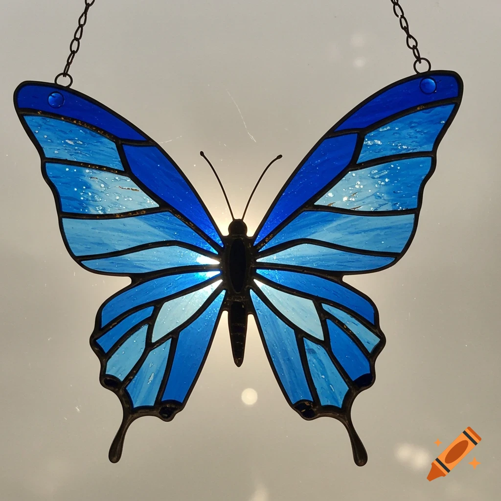 Blue stained glass butterfly hanging by chains