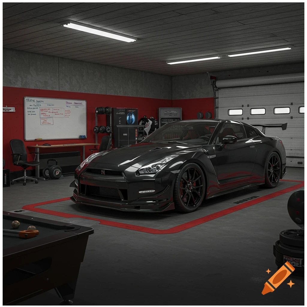 A dark grey Nissan R35 GTR parked in a garage with gym equipment, a pool table, and a whiteboard.