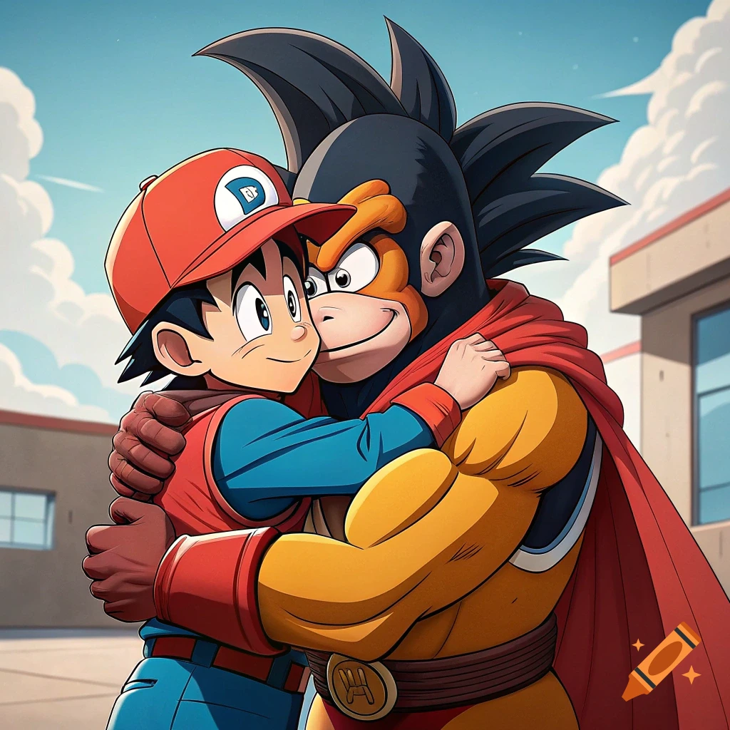 Anime illustration of a boy in a red hat hugging a large ape-like character in a red cape outside.