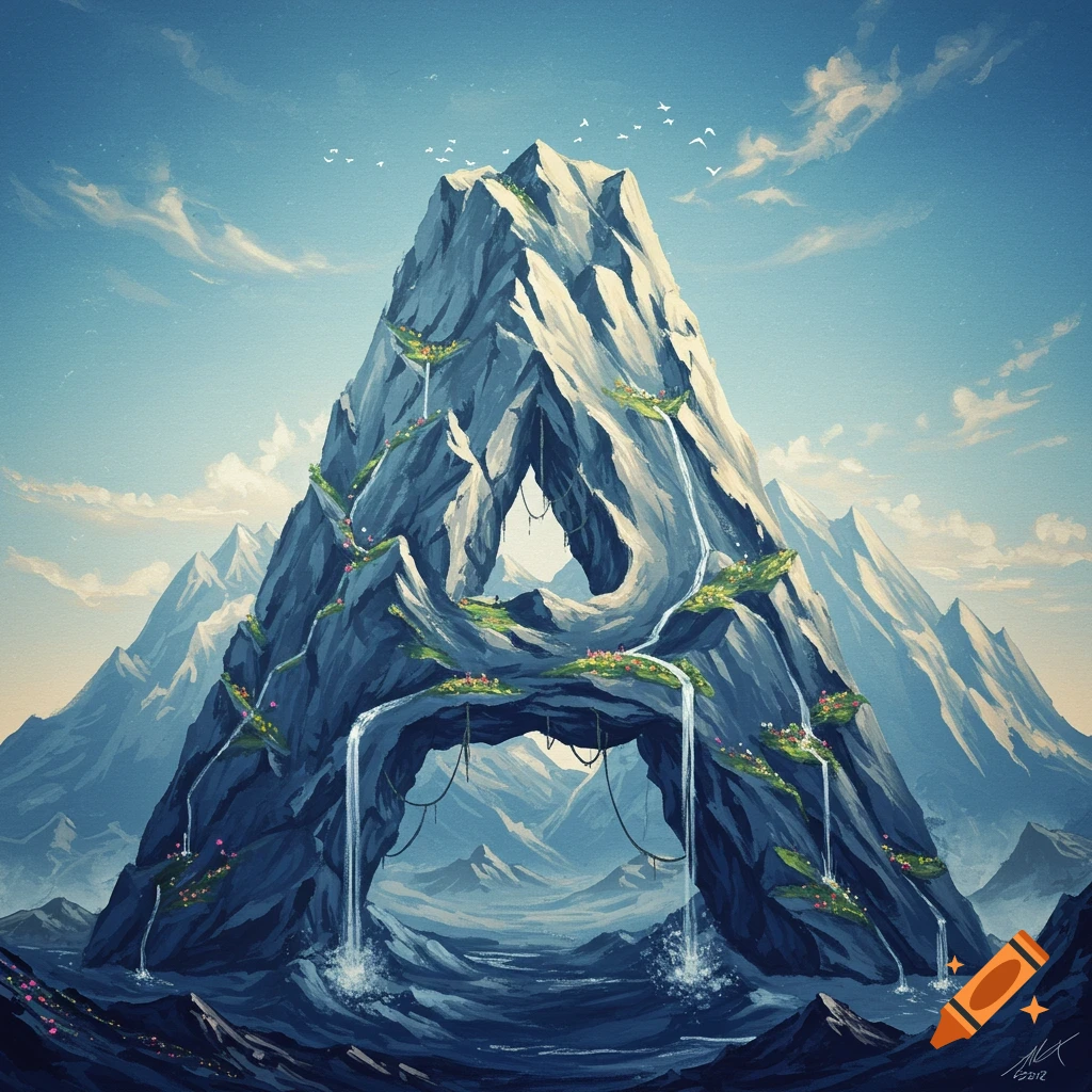 A large mountain shaped like the letter A, with waterfalls cascading down its sides and small patches of greenery.