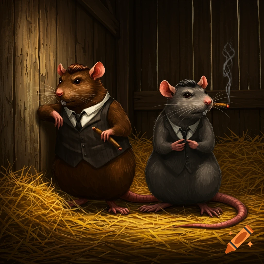 Two rats dressed in suits standing in a barn. One leans against a wall smoking a cigar.