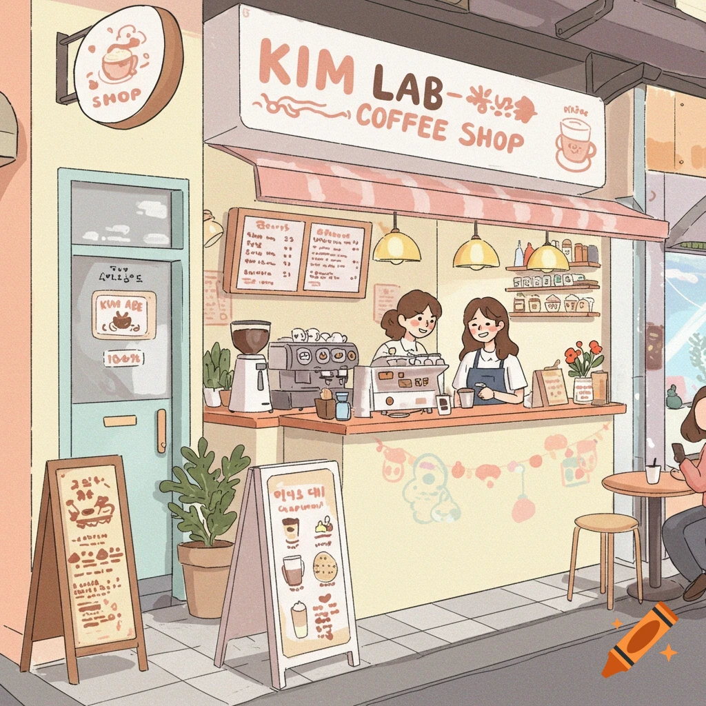 A cute coffee shop called KIM Lab with baristas behind the counter.