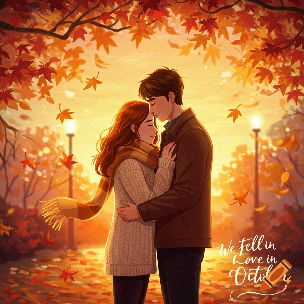 A couple embracing in an autumn park with falling leaves and text saying 'We Fell in Love in October'.