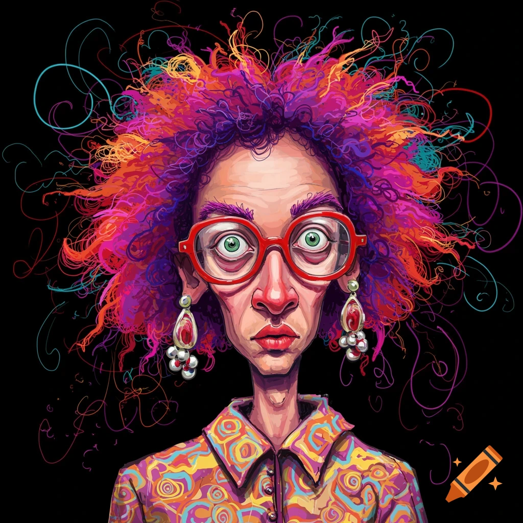 Stylized portrait of a person with wild colorful hair, red glasses, and a psychedelic shirt.