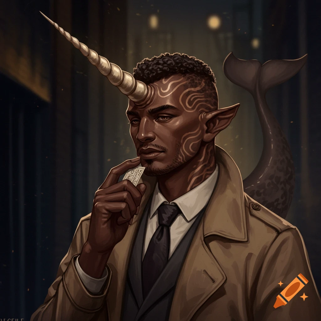Image of a narwhal demihuman man in a suit and trench coat holding a card, with a horn, dark skin, tribal markings, elf ears, and a tail.