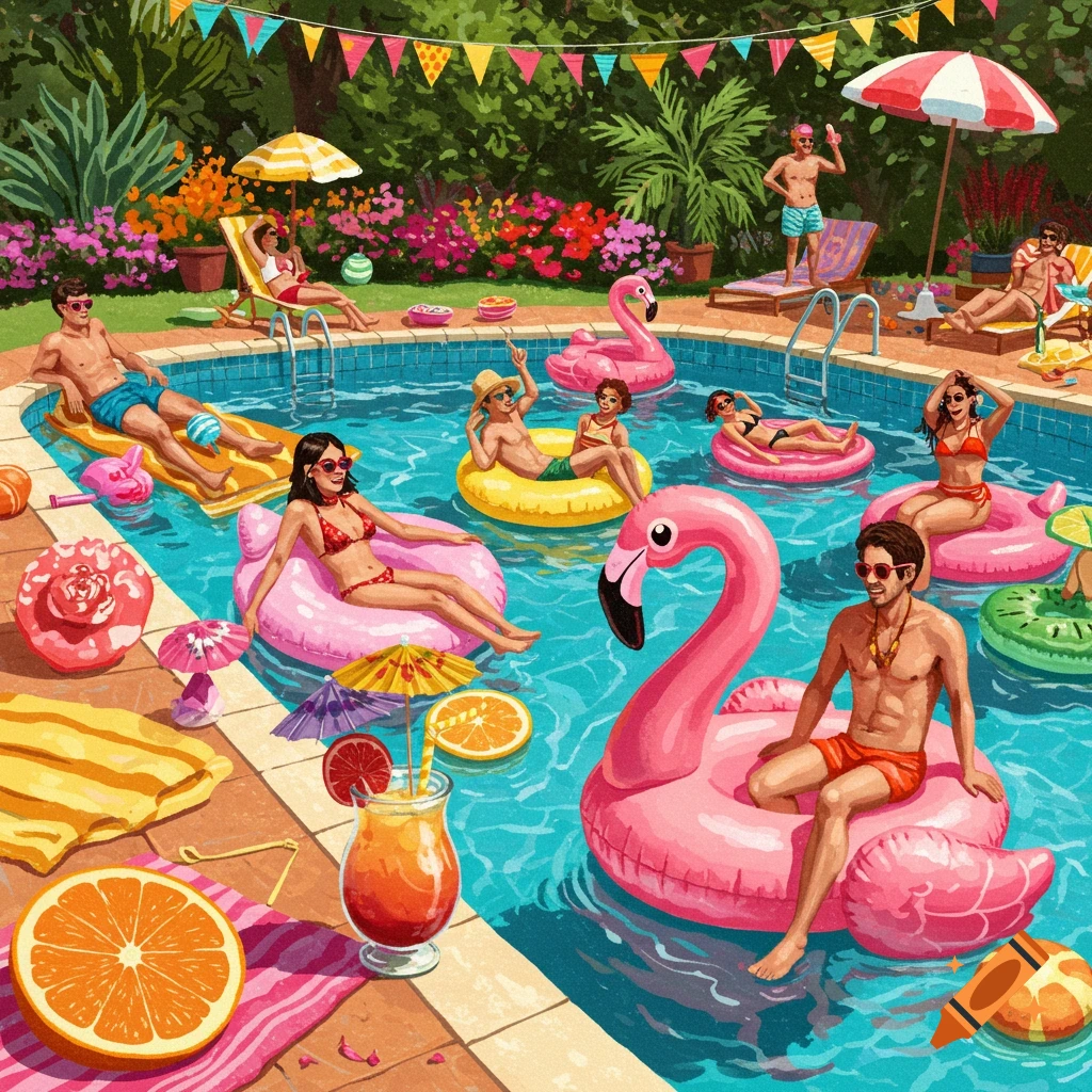 People enjoying a colorful outdoor pool party on a sunny day.