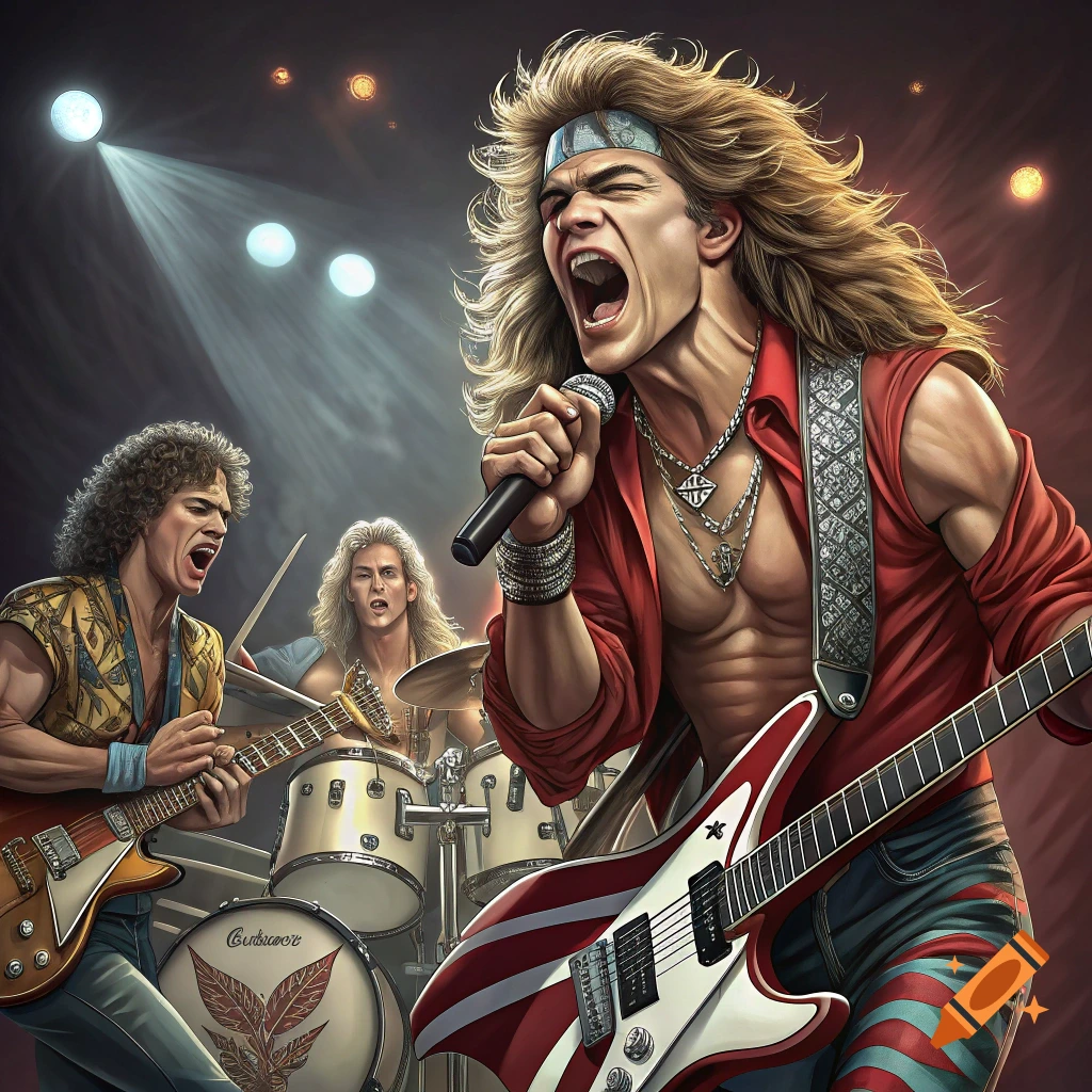 A stylized image of a rock band performing on stage. Features the lead singer and guitarist.