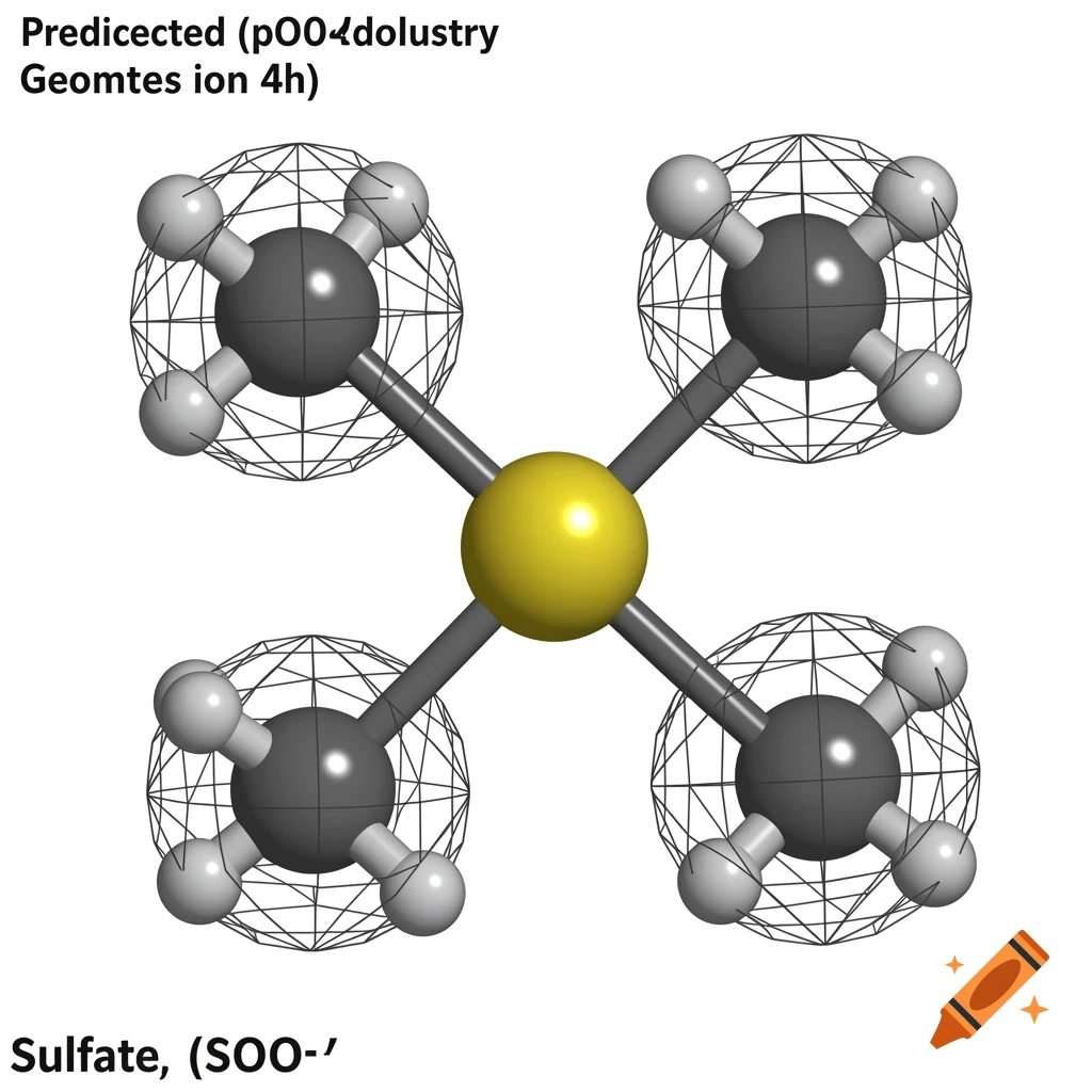 A 3D model of a molecule with a central yellow sphere bonded to four gray spheres, each attached to four smaller white spheres.