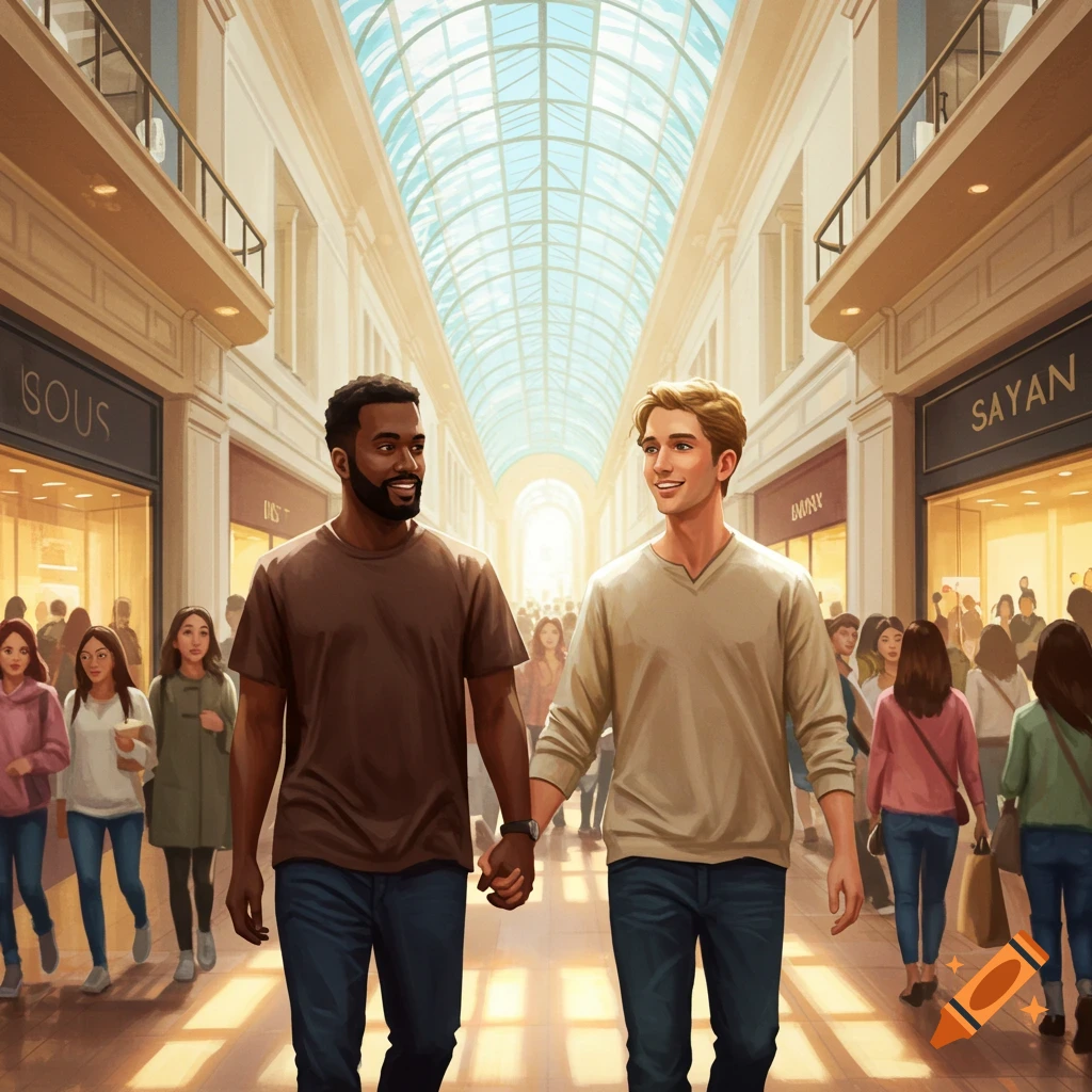 An interracial male couple holding hands and walking through a sunlit mall.