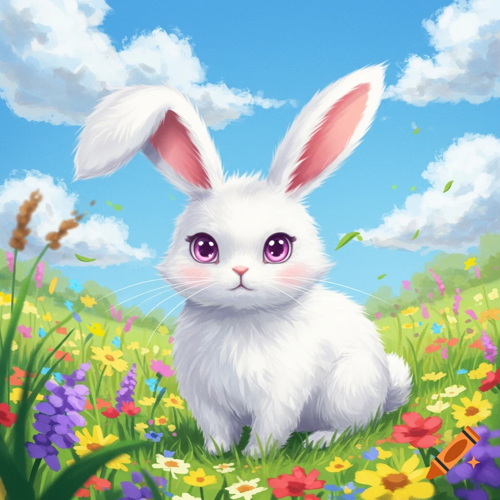 A cute white bunny with purple eyes sits in a field of colorful flowers under a blue sky.