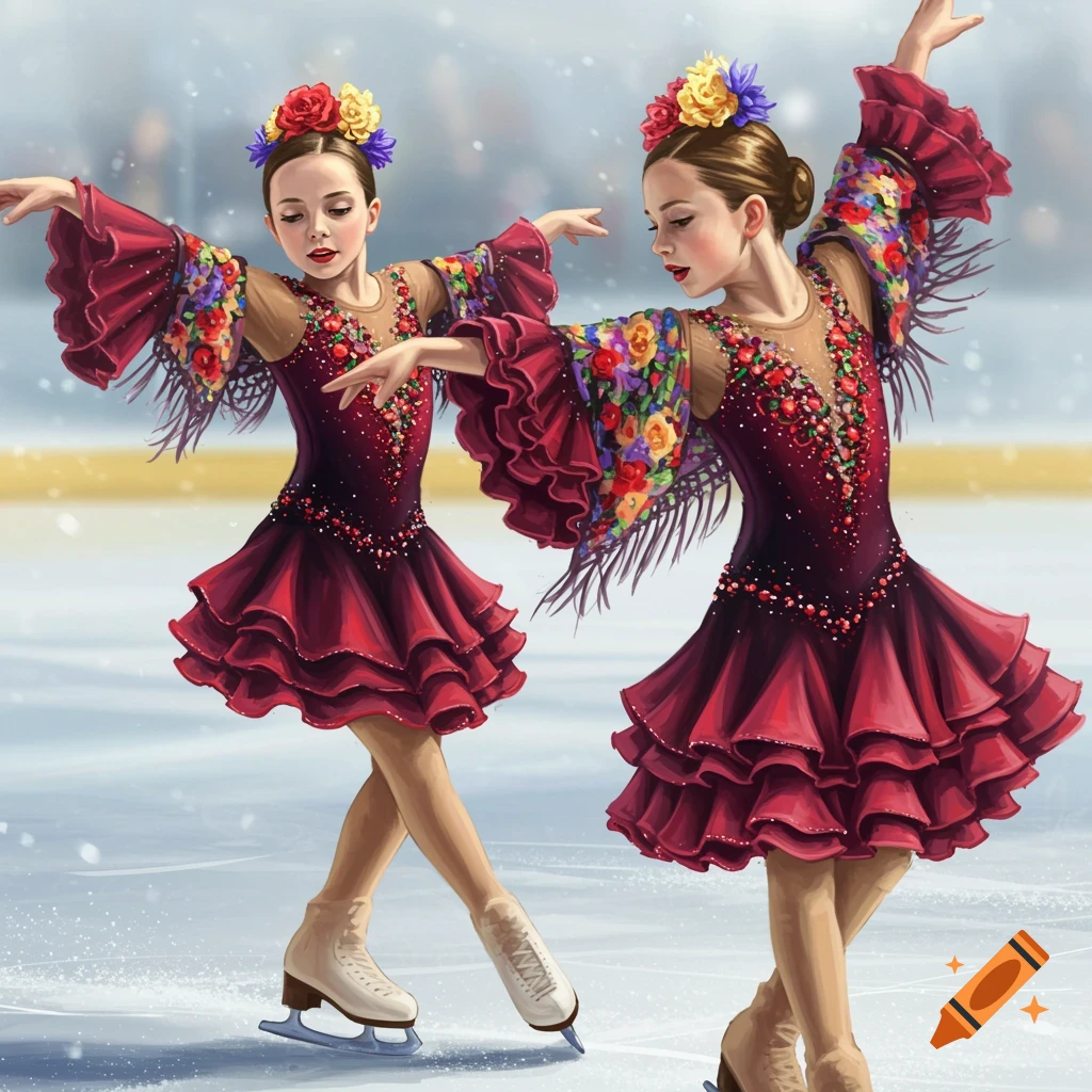 Two young figure skaters in elaborate red dresses with floral details performing on ice.