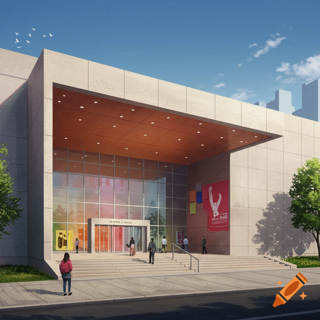 A modern museum entrance with visitors on steps.