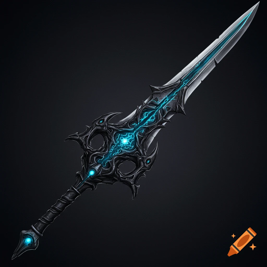 An ornate dark fantasy sword with glowing blue energy details.