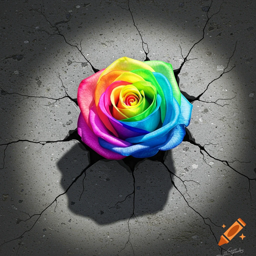 A vibrant rainbow rose grows from cracks in gray concrete.