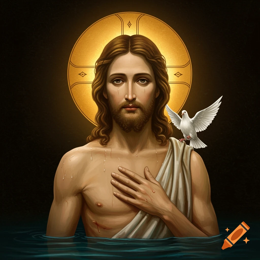 Jesus standing in water with a halo and a dove on his shoulder.