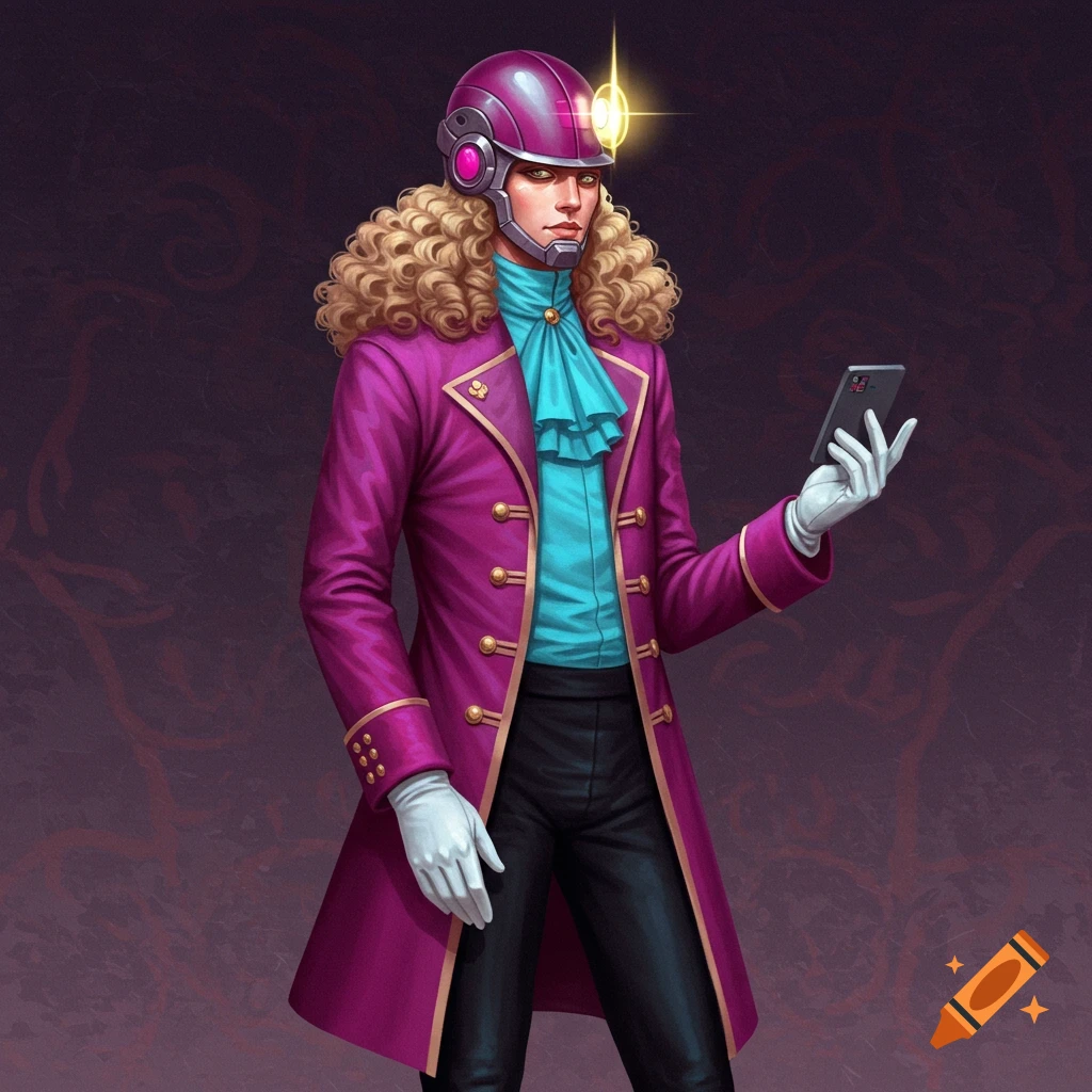 A man in a purple coat and helmet holding a phone.