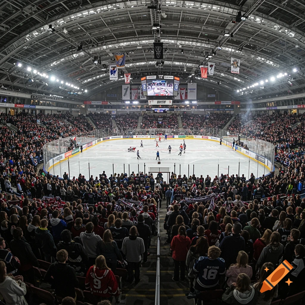 Panoramic view of an ice hockey game from the stands, showing players on the ice and a large crowd in the arena.