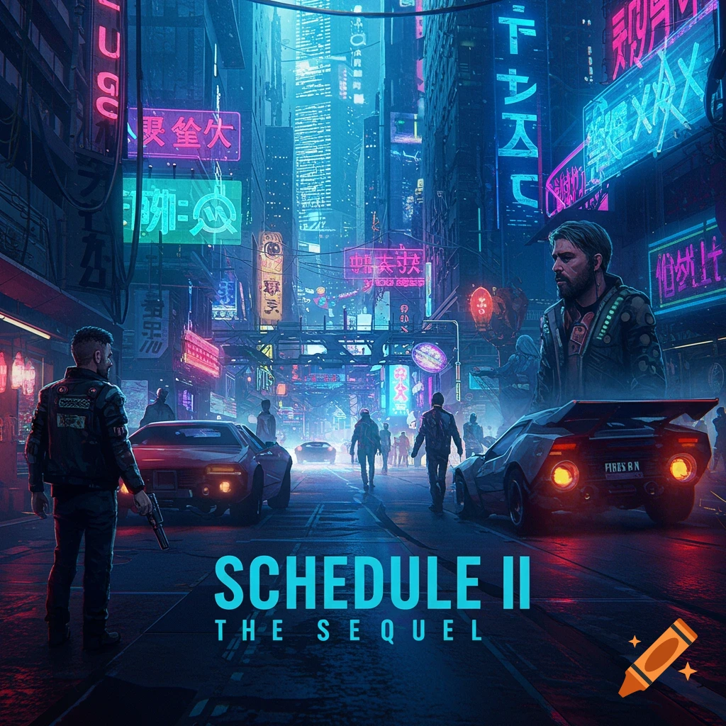 A cyberpunk street scene at night with neon signs, people, cars, and the text 'SCHEDULE II THE SEQUEL' overlay.