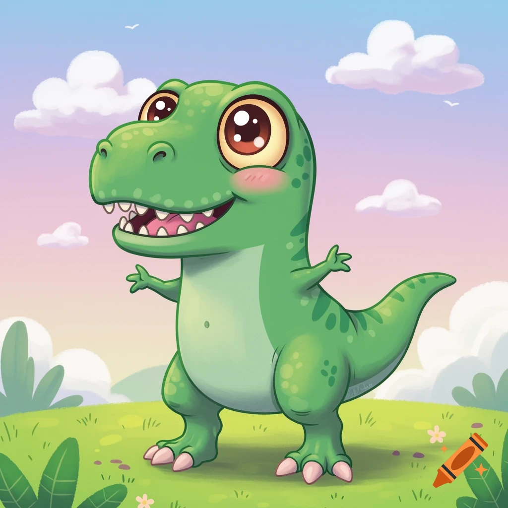 A cute green cartoon T-Rex with big eyes stands in a bright, whimsical landscape with clouds and grass.