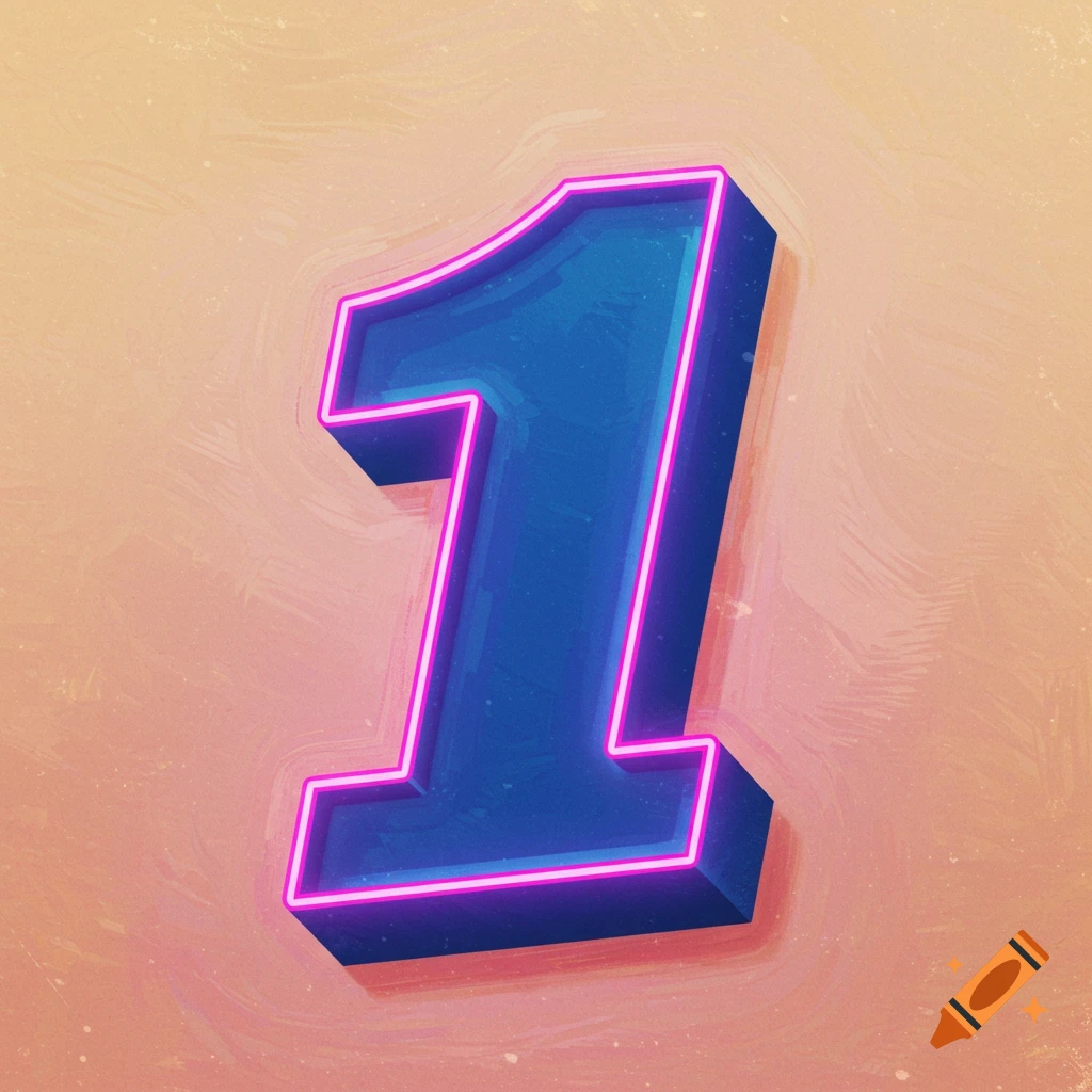 A large, blue 3D number 1 outlined in bright pink neon.