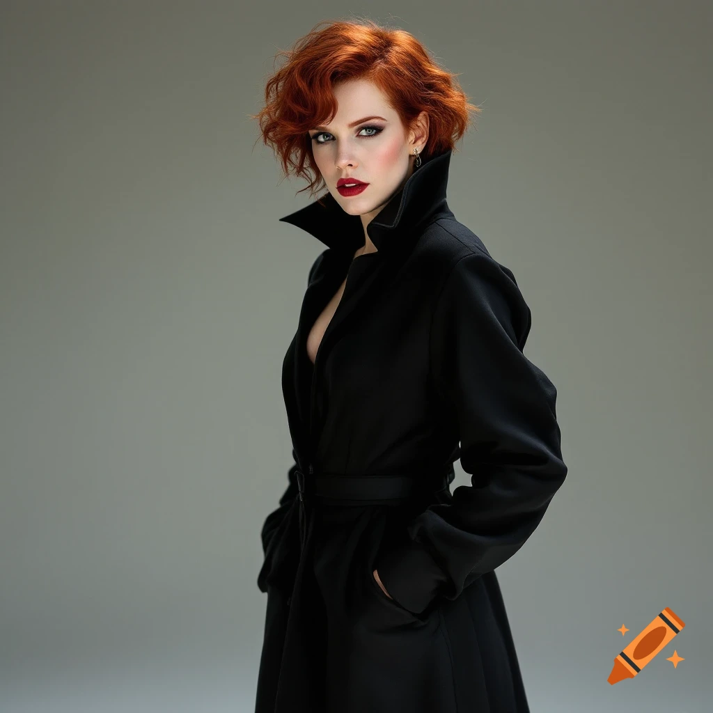 A woman with red hair wearing a black coat and red lipstick looks at the camera.