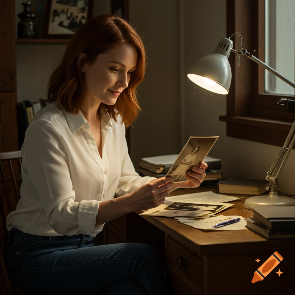 Woman sits at a desk under lamplight, examining an old photograph