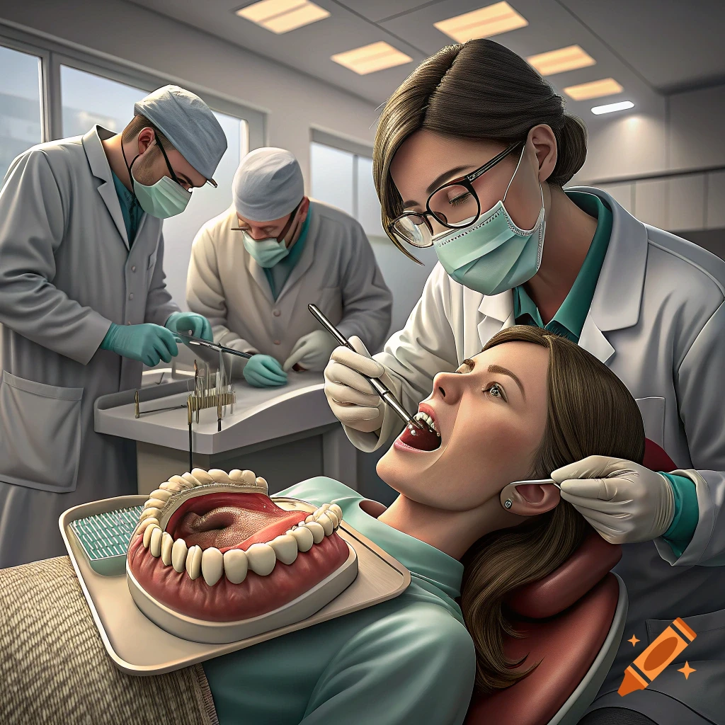 Dentist examining a patient's mouth with assistants and a large dental model in a clinic, photorealistic style.