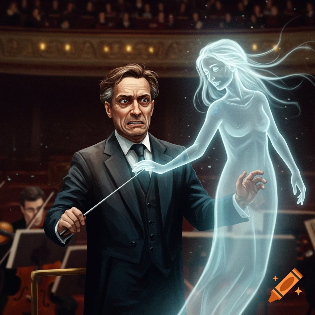 a nervous orchestra conductor and a ghostly figure in a concert hall.