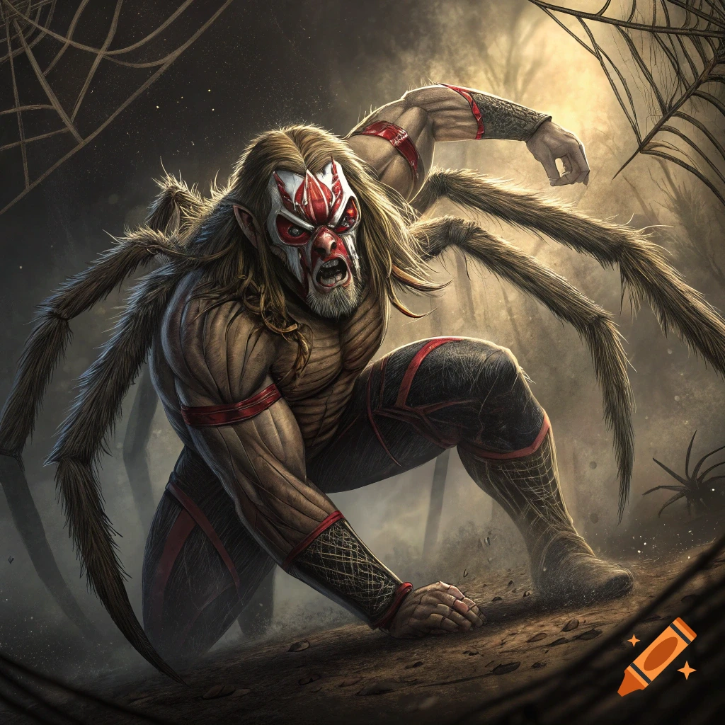 Muscular spider-human creature with long hair and wrestling gear, crouching in a forest.