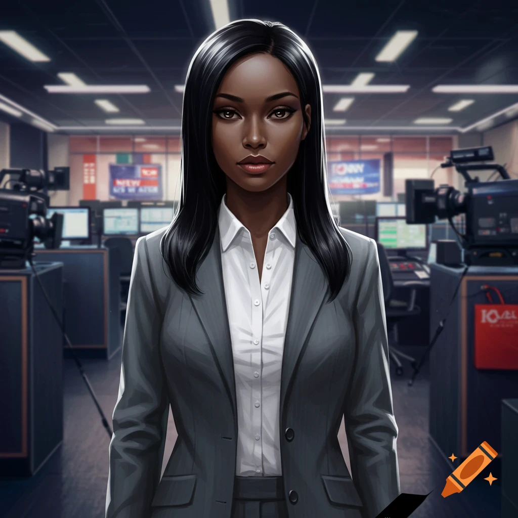A black woman in a grey suit stands in a newsroom.