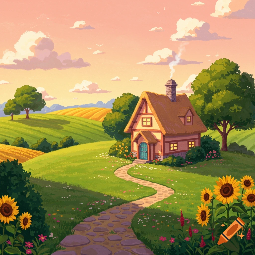 A cottage sits in a rolling green landscape with a stone path, sunflowers, and trees under a pink and orange sky.