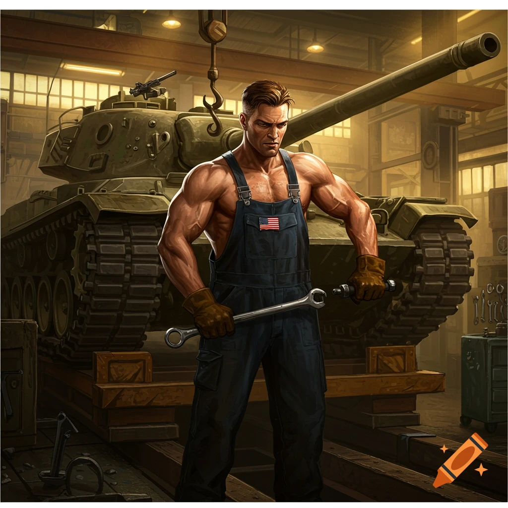 Muscular worker holding a wrench in front of a tank in a factory.