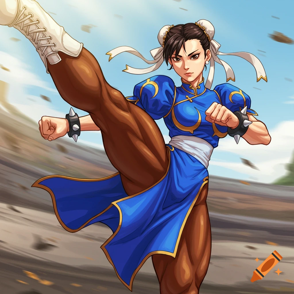Dora the Explorer and Chun-Li at the beach, Chun-Li doing a high kick ...