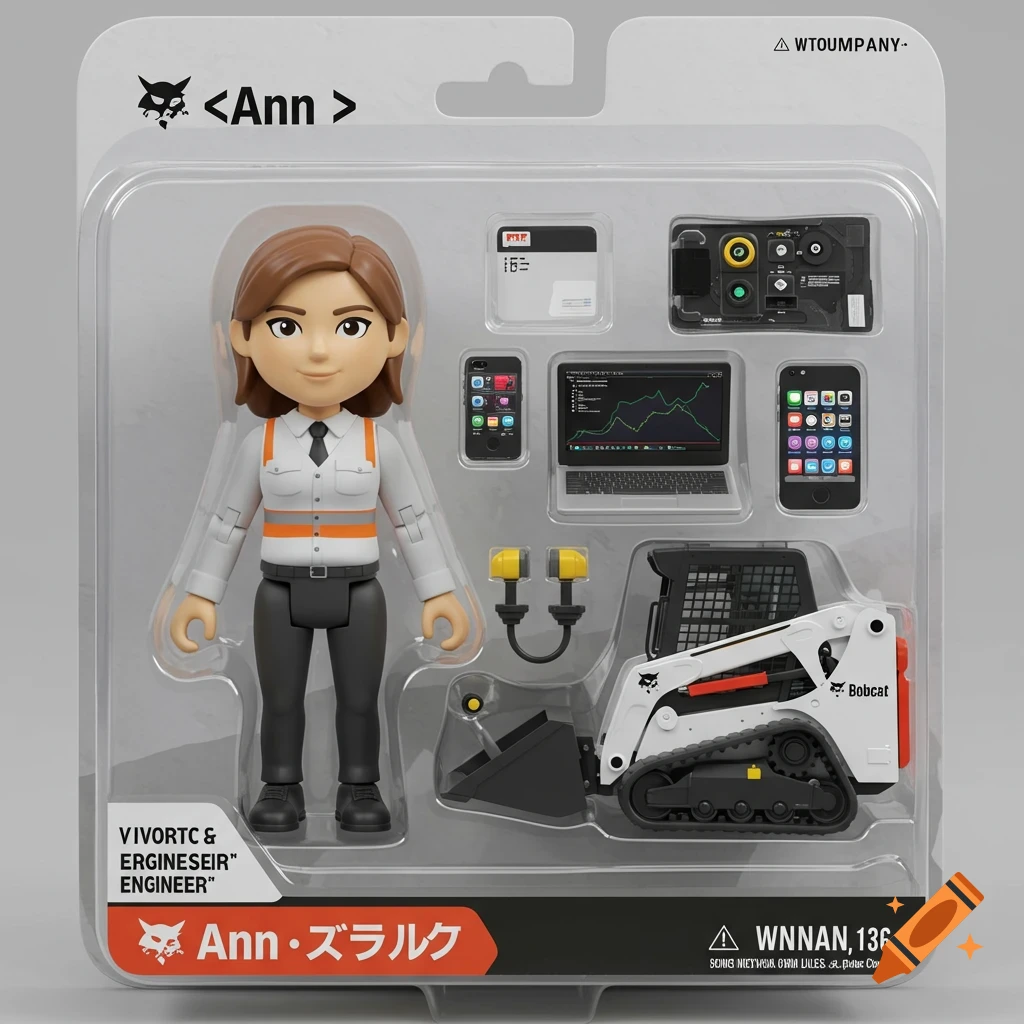 3D cartoon action figure of Ann, an engineer, in Bobcat-branded ...