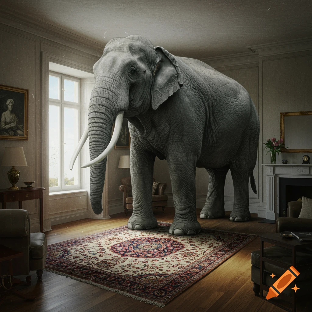 A large elephant stands on a patterned rug in a room.