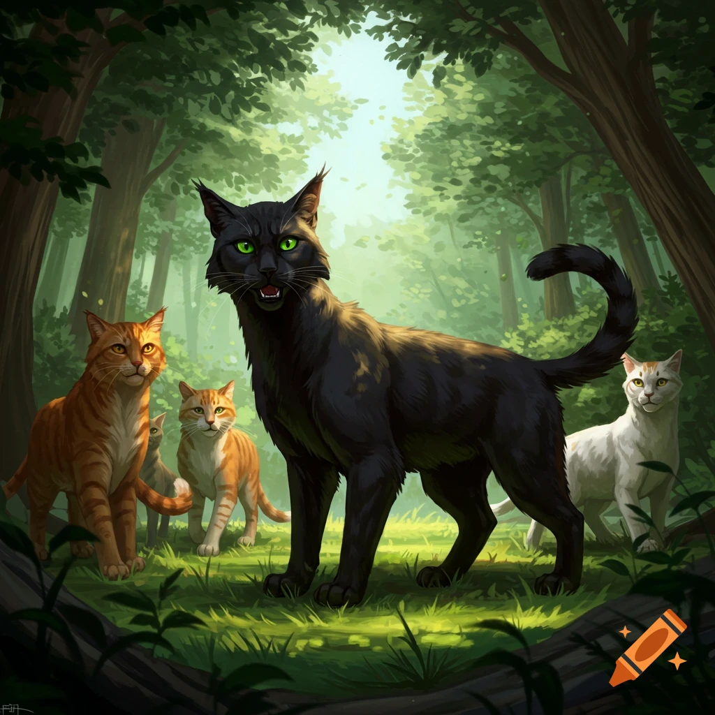 A black cat with green eyes leading other cats through a forest.