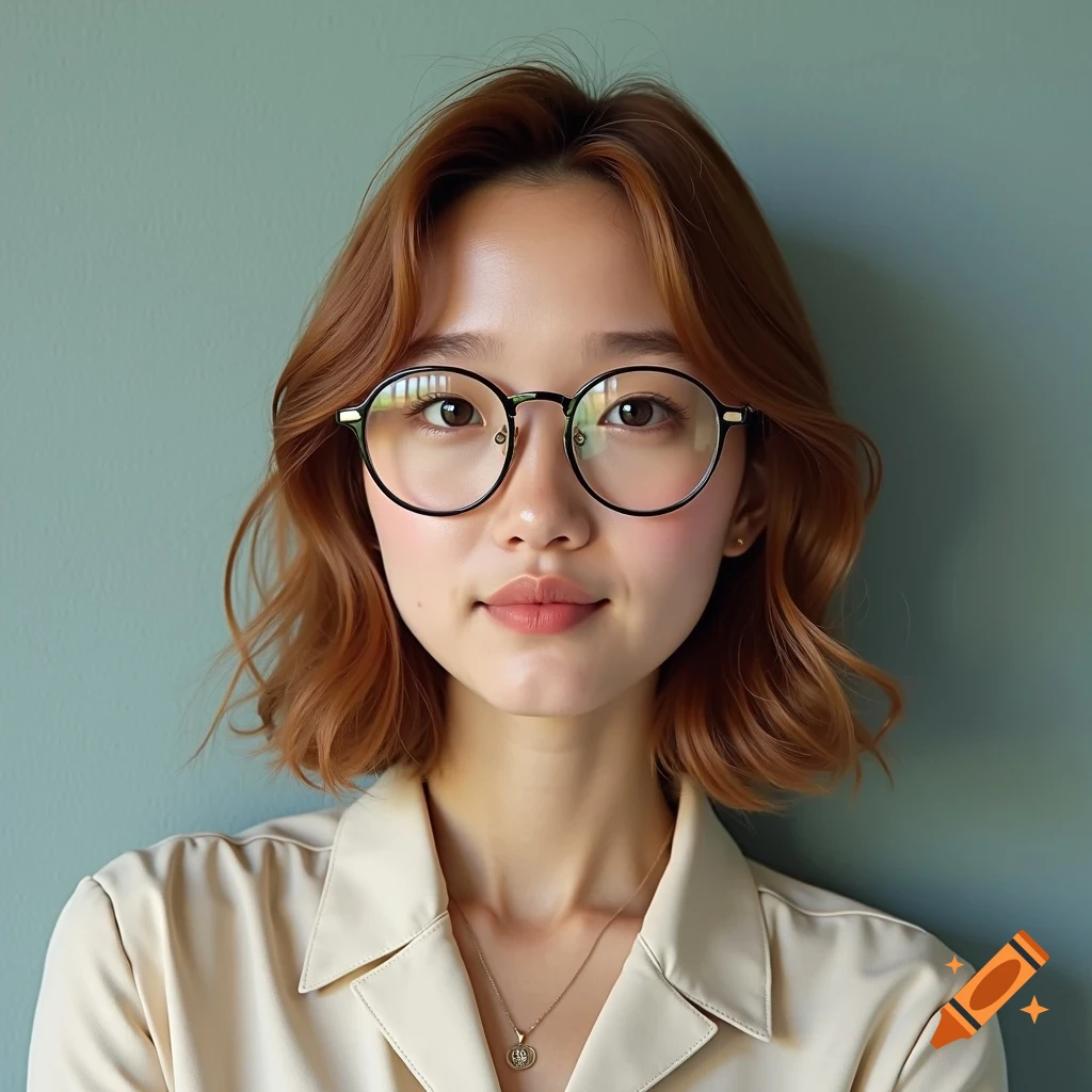 Head and shoulders portrait of a young woman with short brown hair and round glasses, wearing a light-colored shirt and necklace.