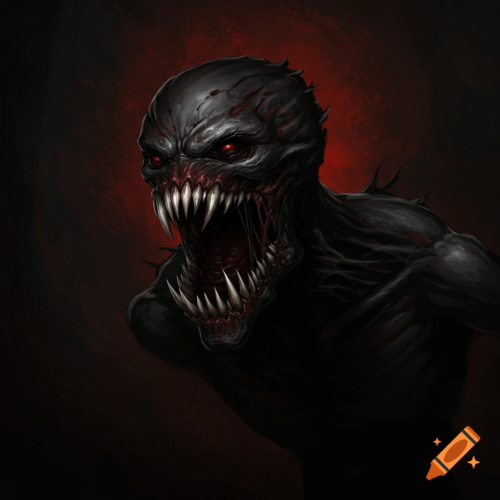 a dark, scary creature with sharp teeth and glowing red eyes.