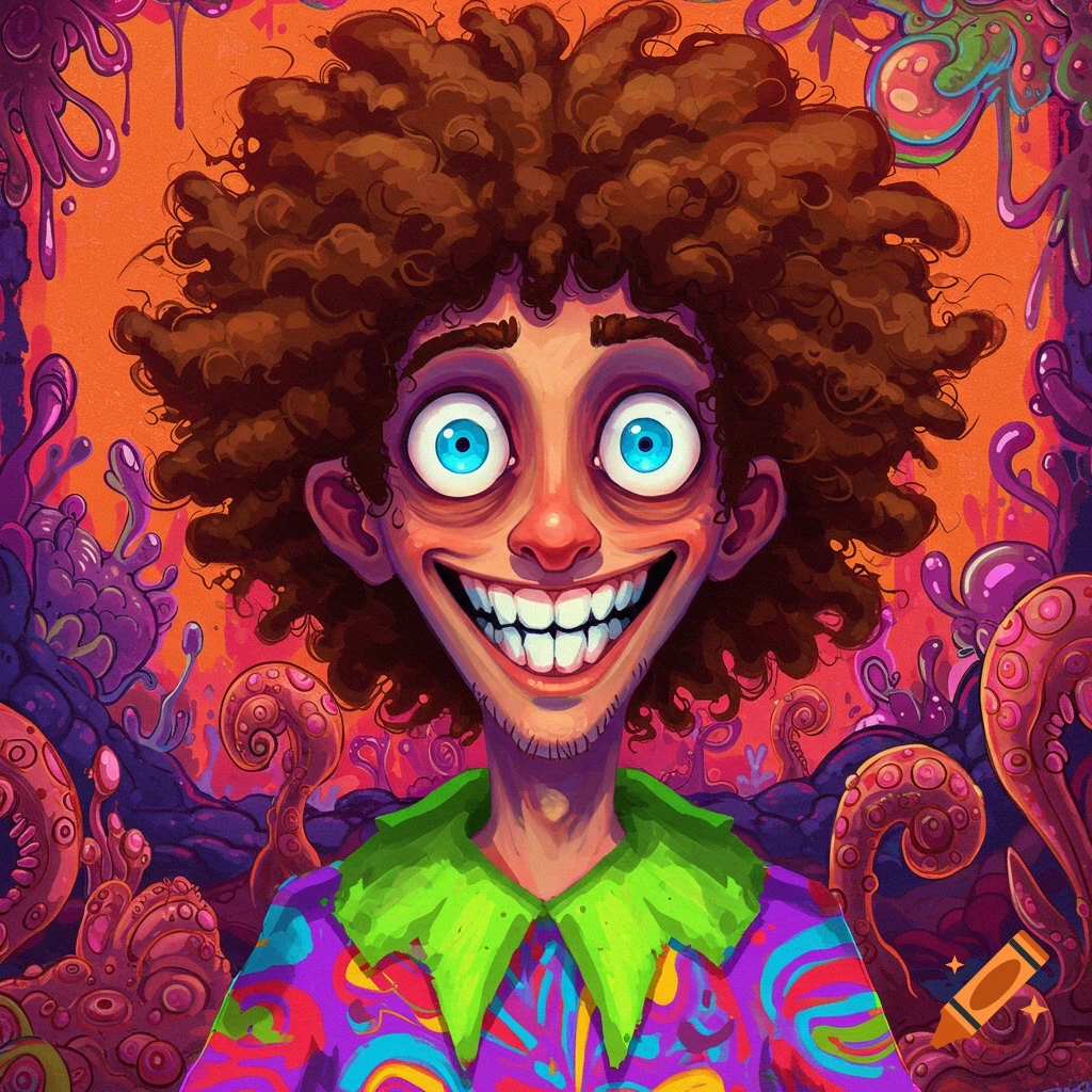 Cartoon character with big blue eyes, wide grin, and colorful shirt against a psychedelic background.