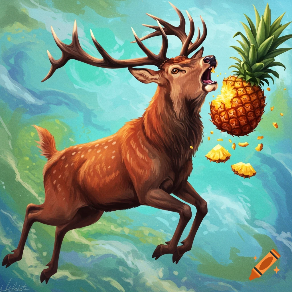 A brown deer is flying and eating a pineapple.