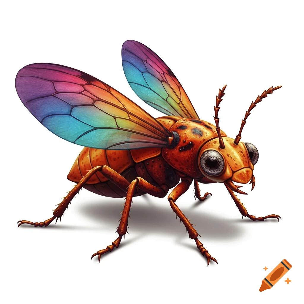 A stylized orange bug with large compound eyes and iridescent rainbow-colored wings on a white background.
