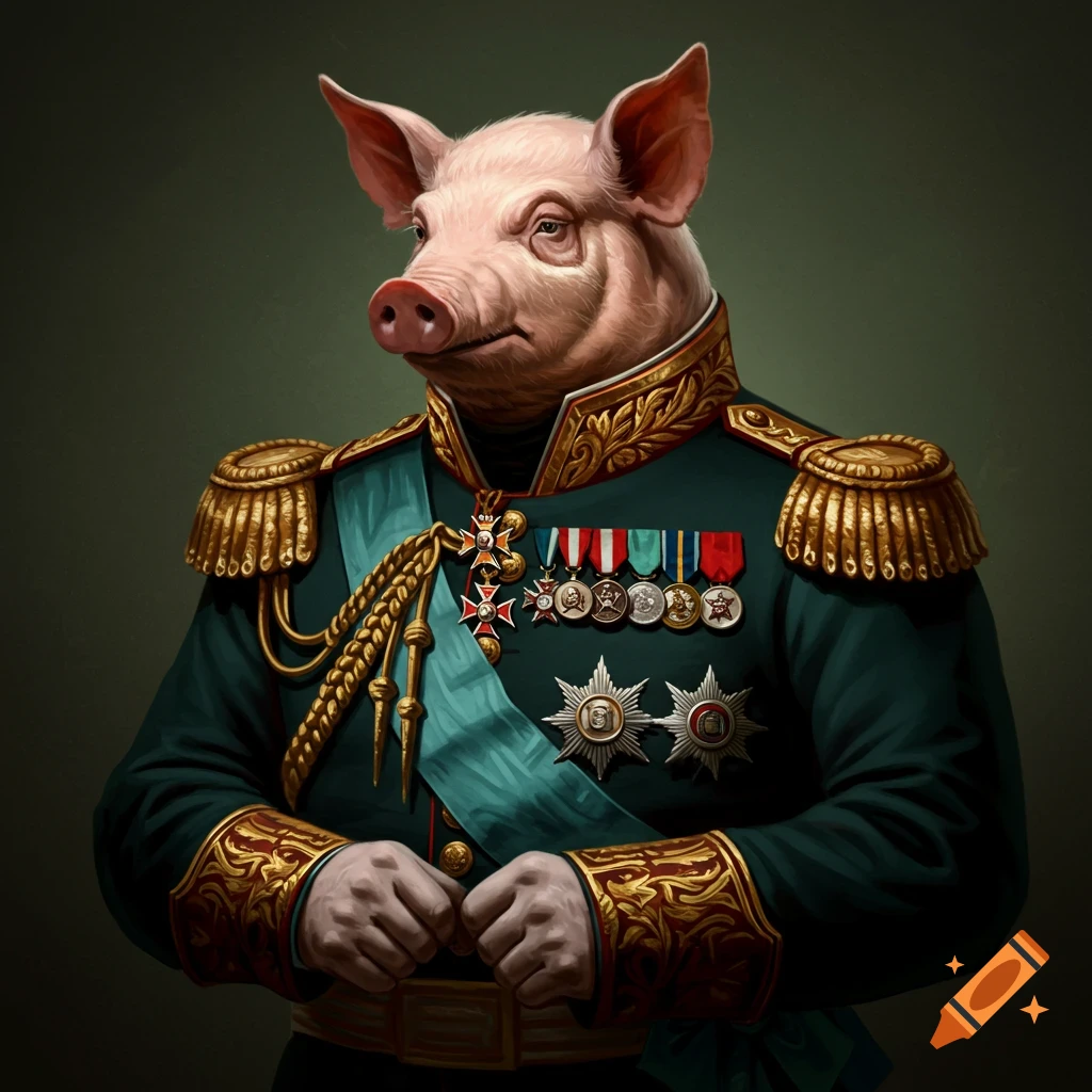 A pig wearing a detailed military uniform with many medals, looking to the left.
