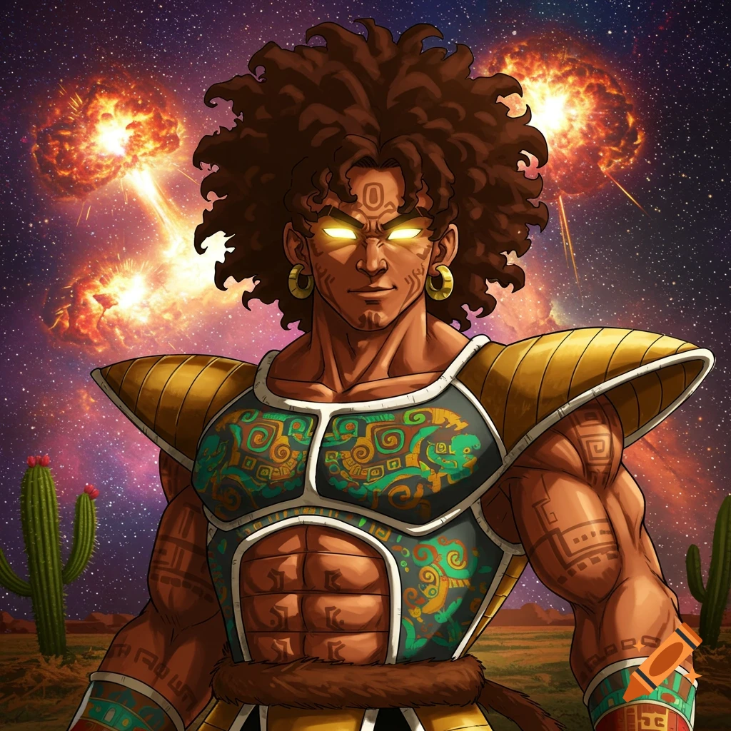 Anime character of a muscular Saiyan with curly hair, golden armor, and glowing eyes, standing in a desert with explosions in space.