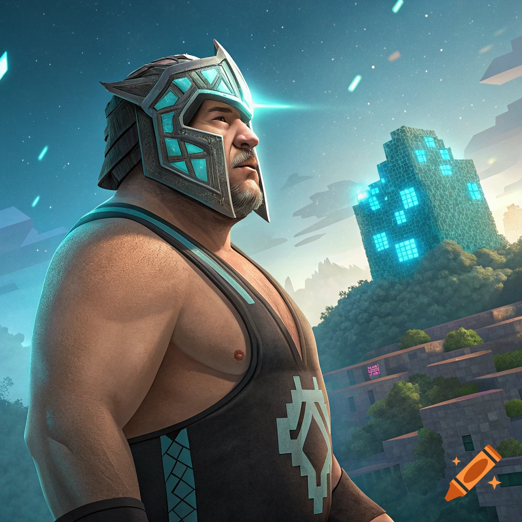 A large man in a fantasy helmet and singlet stands in a blocky Minecraft-like landscape with a glowing building.