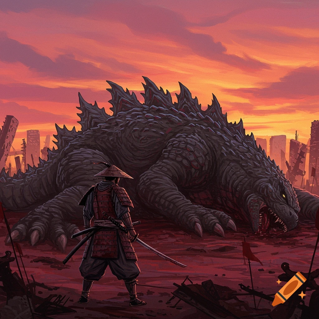 A samurai stands over a defeated Godzilla in a ruined city at sunset.