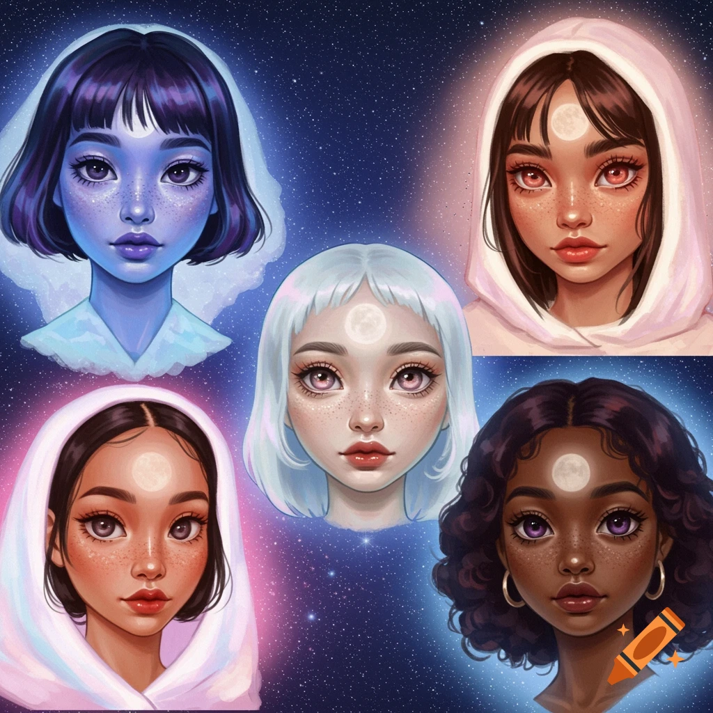 Stylized portraits of diverse women with moon features against a starry sky