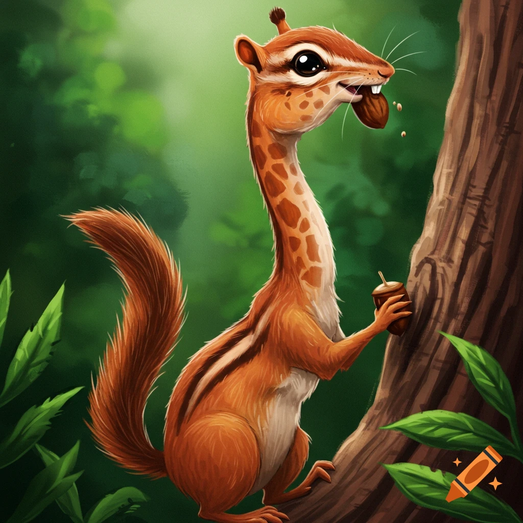 A chipmunk with a long giraffe neck holding a nut in a forest.