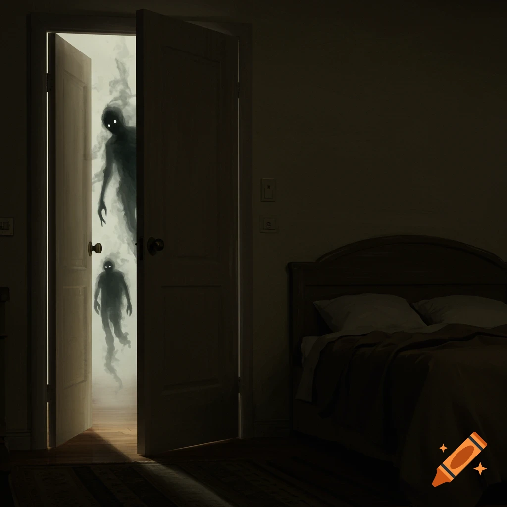 Shadowy figures emerge from a brightly lit doorway into a dark bedroom.
